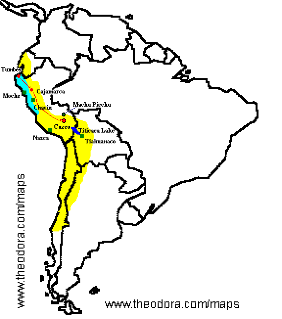 Map of the Inca Empire, march of Francisco Pisarro
