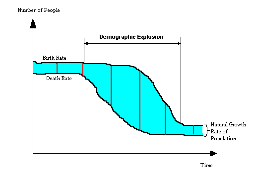 Basic schema od demographic explosion, when death rate goes down.